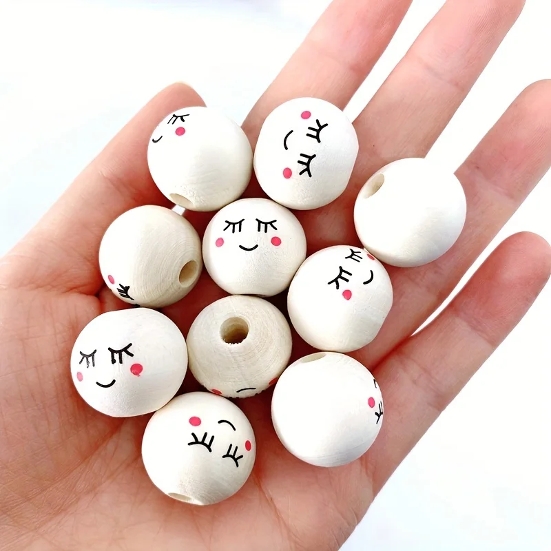 30pcs Round Wooden Beads, smiling Face Wooden Beads Handmade Loose Wood Spacer Beads Printed Undyed Ball Wooden Beads with Holes