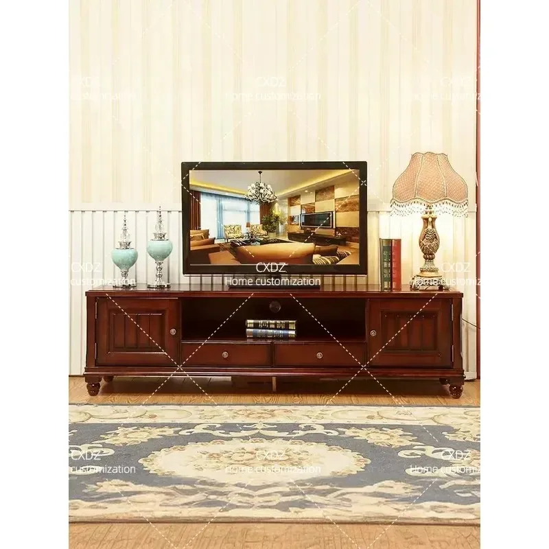 American Solid Wood TV Cabinet Chestnut Coffee Table Combination Living Room Furniture Retro Old Country Style