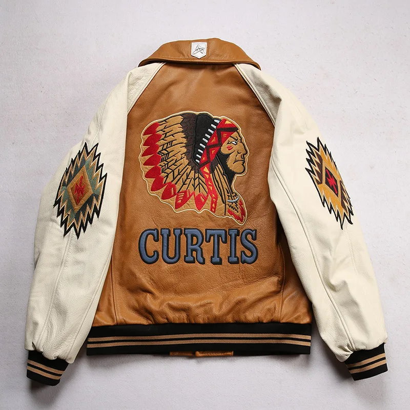 Men large size leather jacket flight suit jacket printed big chief embroidery casual sports yellow cowhide leather jacket tops