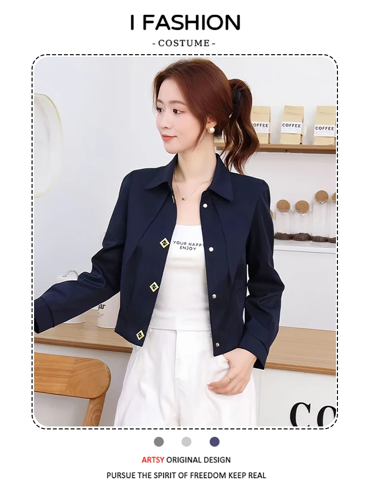 

Женское модное пальто для ранней осени, укороченное, стройнящее, молодящее, повседневное, свободного кроя, с длинными рукавами, однотонное