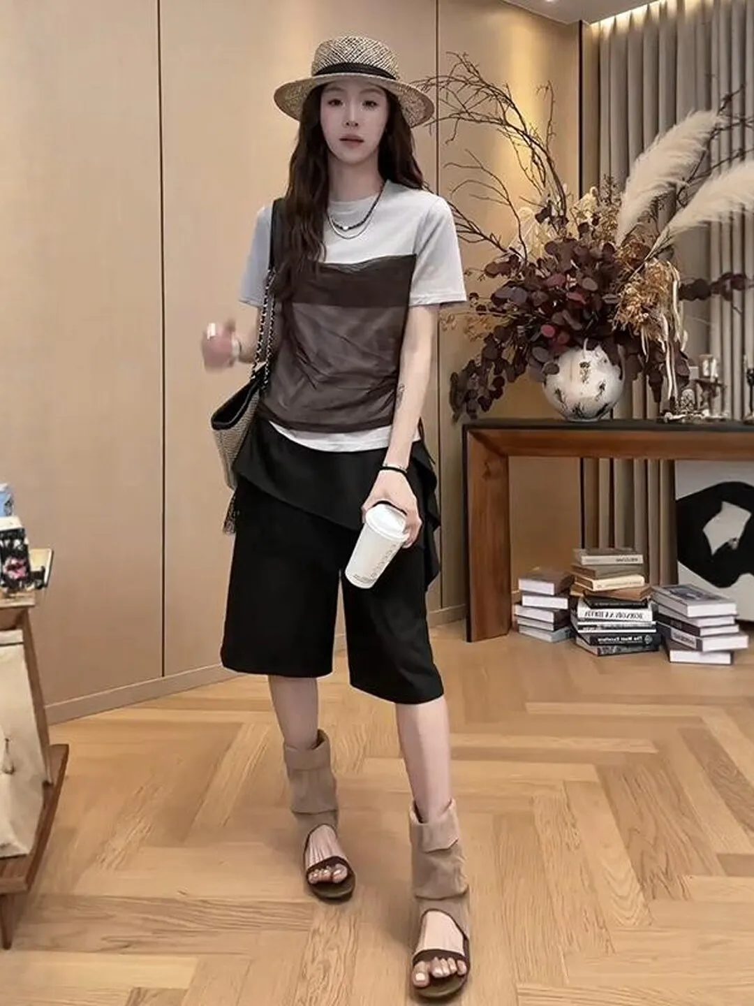 

Summer Casual Style Fake Two-Piece T-Shirt Top And Shorts Set plus Size Women's Fashion Ensemble High Waist Five-Quarter Length