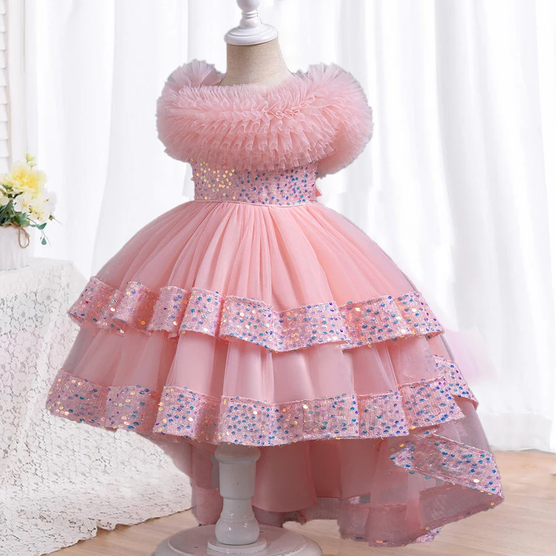 Summer Tulle Princess girl dress Birthday Party trailing Sleeveless Kids Wedding Evening pearl mesh Dresses 4-12Y