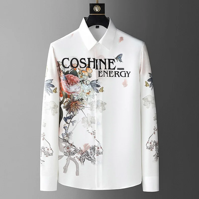 

Trendy Brand Men's Long Sve irt Spring Autumn Floral Iron Free Slim Fit Casual Busin Anti-Wrinkle Dr irt