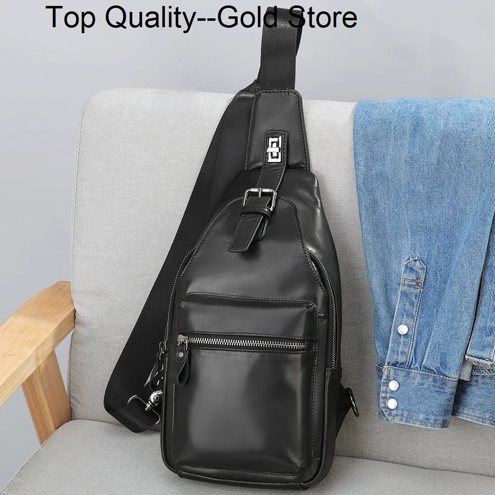 Multifunction Chest Bag Cowhide Leather Men's Crossbody s Casual Straddle Business Large Capacity Versatile Black