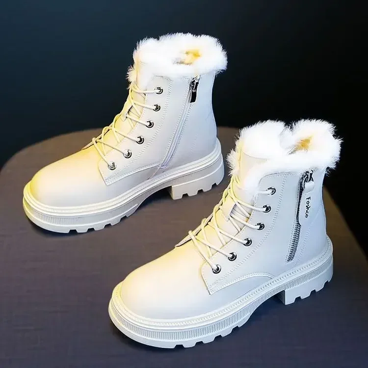 Botas de neve de pelúcia feminina, sapatos baixos, quentes, médios, preto e branco, espessado, inverno, 2021