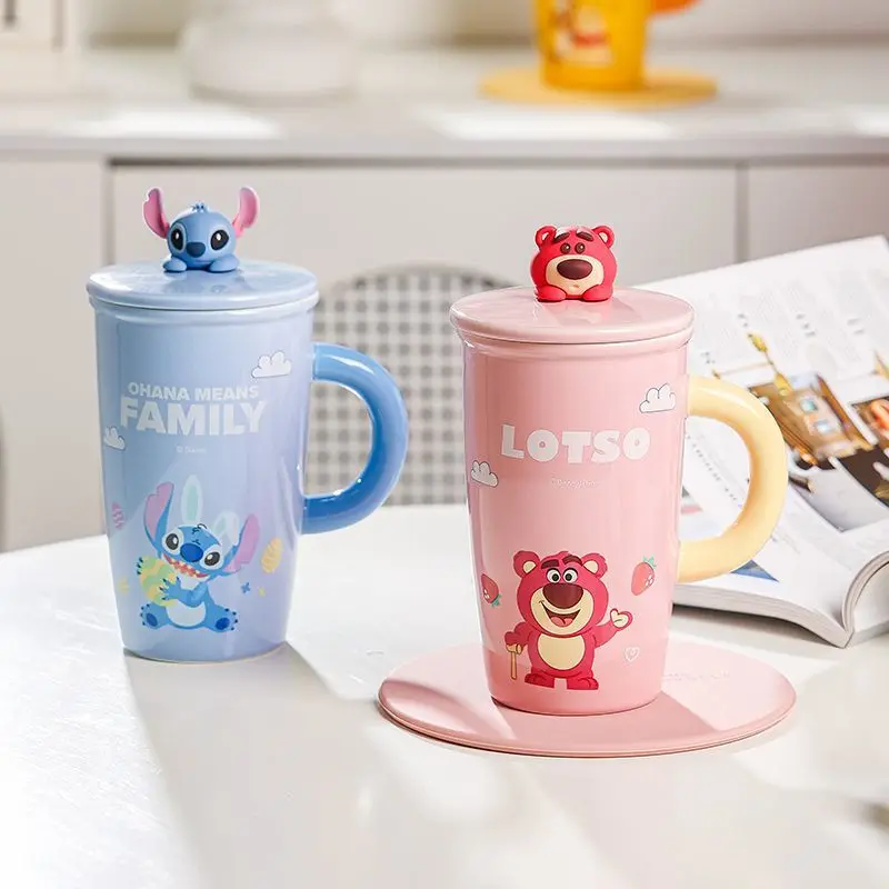 Nova disney lotso ponto pooh impresso caneca de cerâmica outono grande capacidade alto valor dos desenhos animados copo água do agregado familiar com tampa atacado