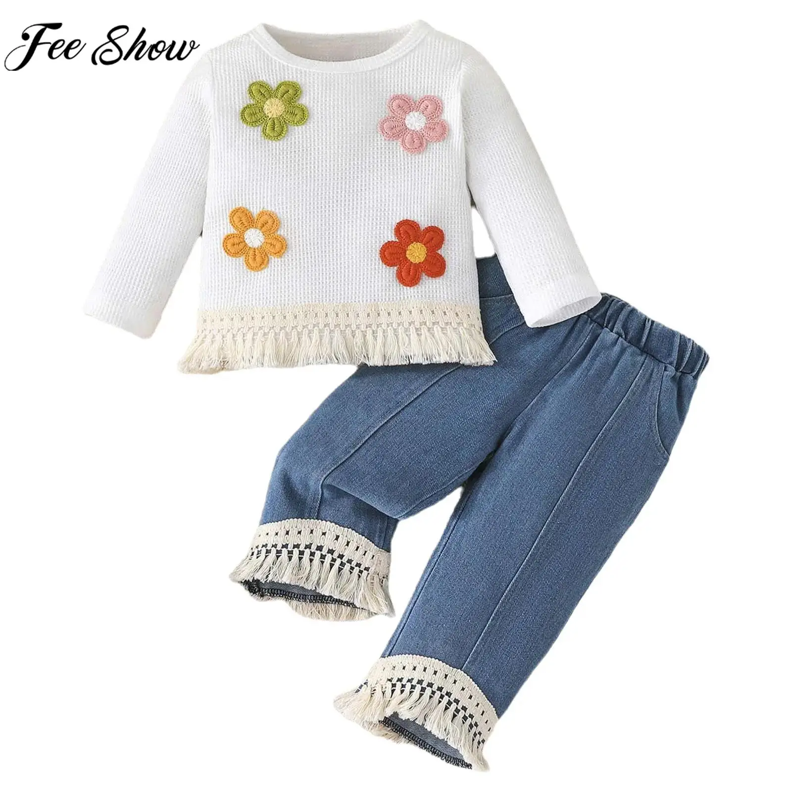 

Infant Girls Long Sleeve Tassels Sweet Flower Embroidery Top with Fringe Jeans Spring Autumn Birthday Party Photo Shoot Costume