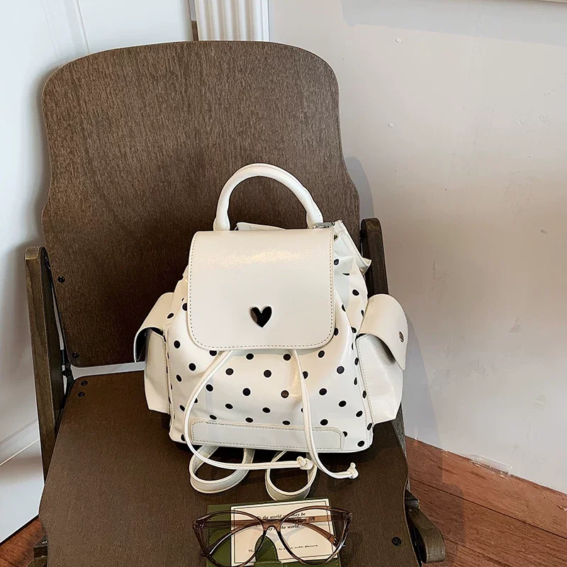 High End Polka Dot Backpack Women Autumn Large Capacity Pu Leather Travel Commuter Handbag College Students Easy Carrying Bag