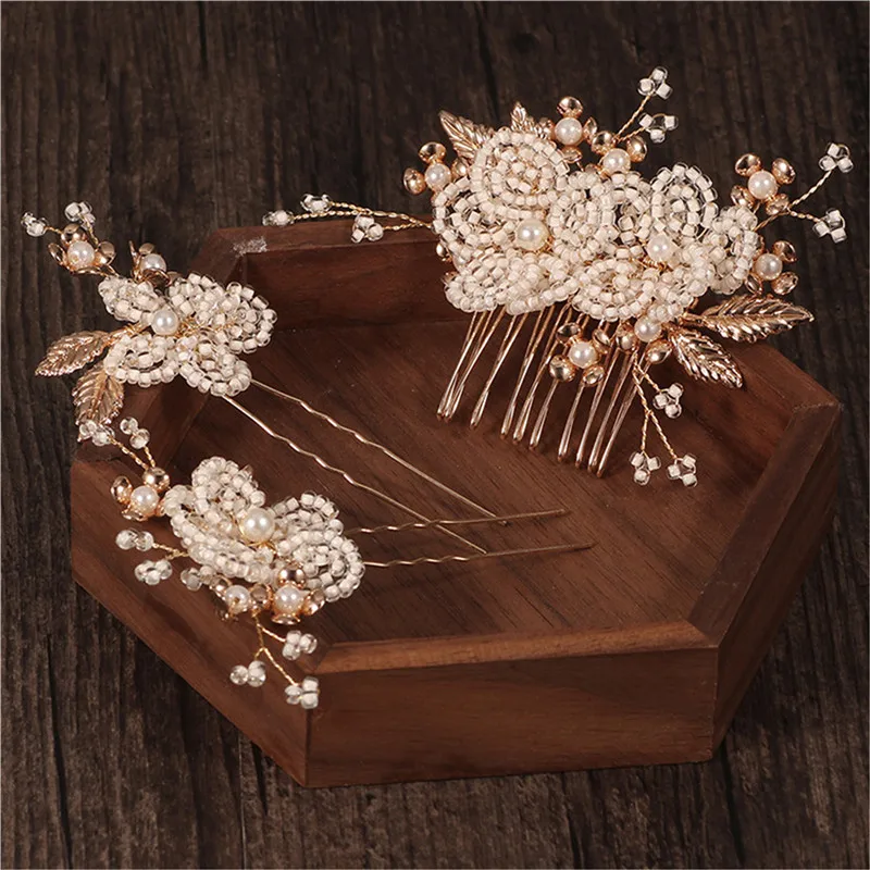 Beaded Floral Hair Comb Bridal Pins Clips Gold Color Leaf Wedding Hairpiece Handmade Women Hair Oranment