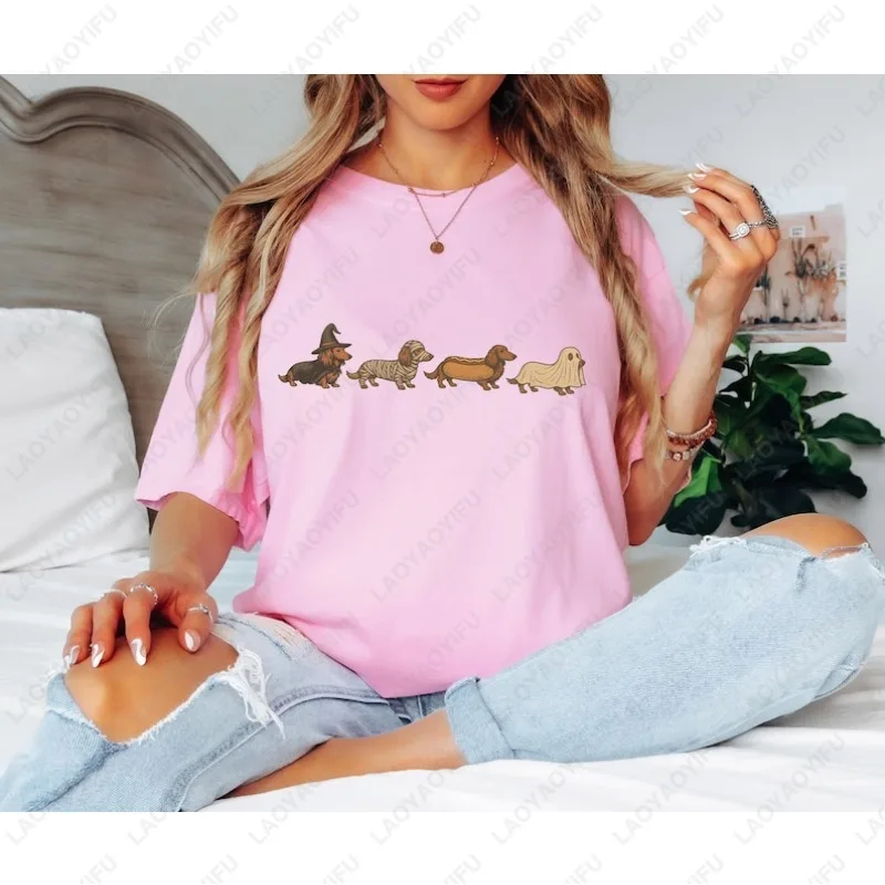 Vintage Art Style Dachshund Tshirt Halloween Men Women Fun Cotton Costume Gift for Weenie Dog Owners Unisex All Saints' Day Tees