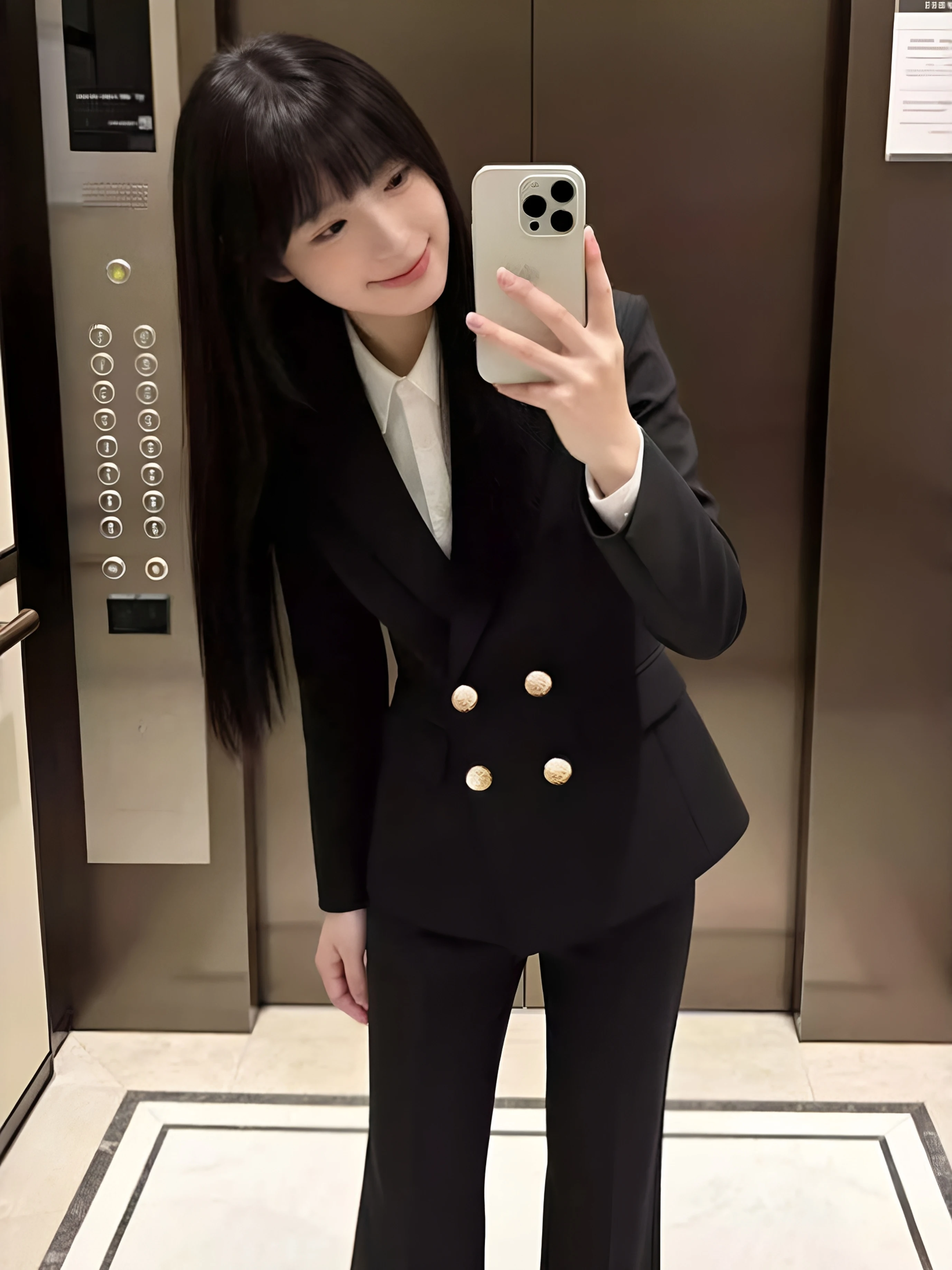 Black Formal Suit Jacket for Women University Students Career Interview Commute High-End Feeling Double-breasted Suit Set