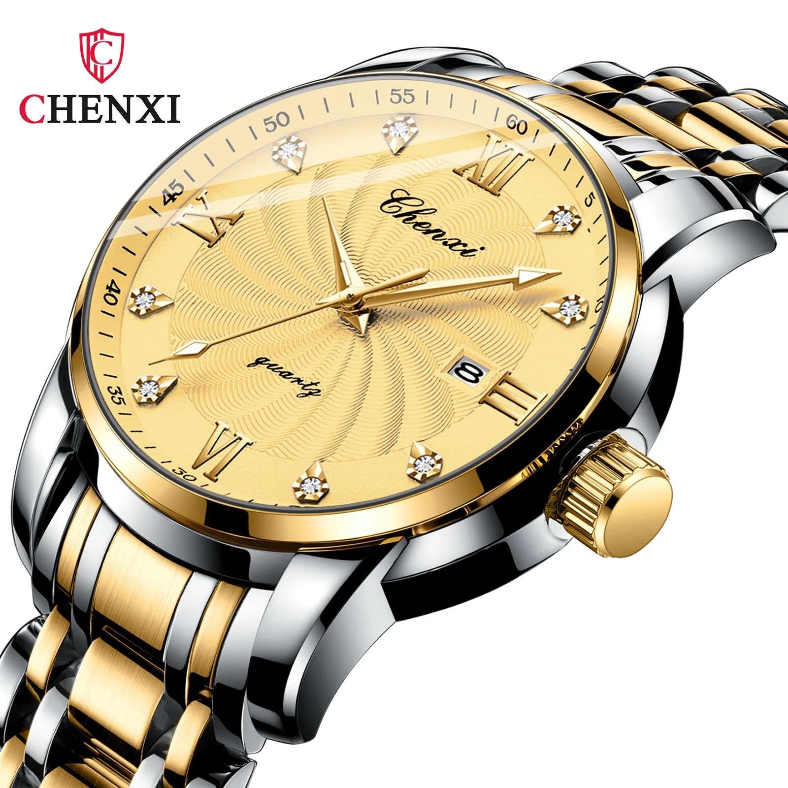 Fashion Chenxi 8221 Men's Diamonds Scale New  Full Stainless Steel Calendar Waterproof Simple Business Luminous Quartz Watch