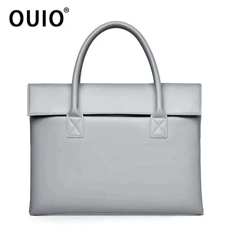 OUIO Minimalist PU Leather Laptop Handbag Flip Top Shockproof Notebook Briefcase Water Resistant Office Tote Bag For MacBook
