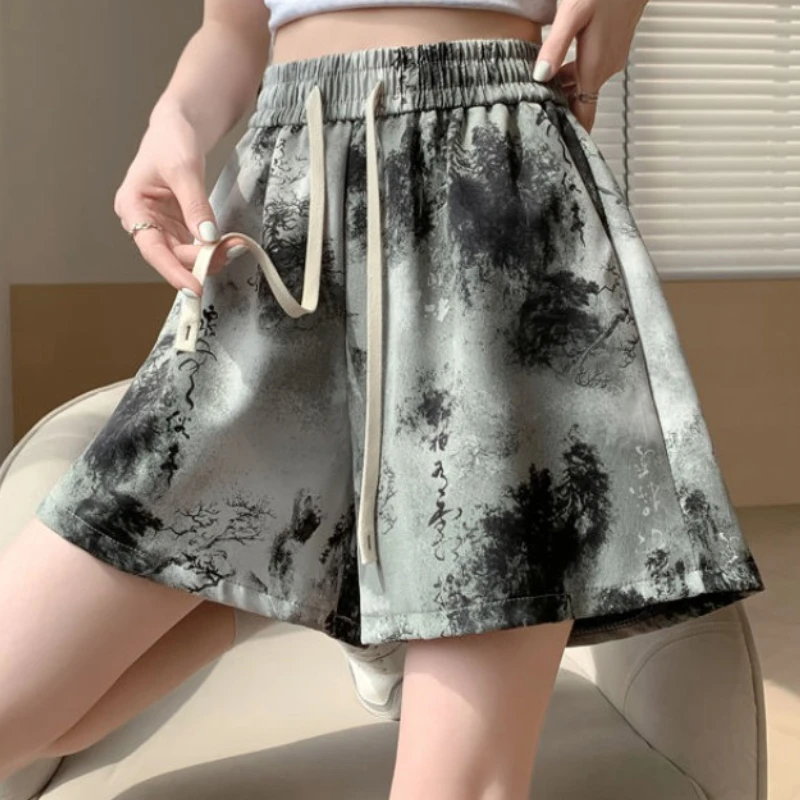 New Chinese Style Shorts Women Printed Wide Leg Drawstring High Waist 2024 Summer Loose Versatile Casual Short Pants Female