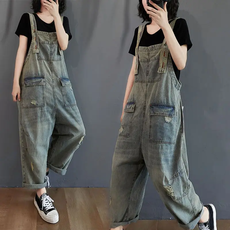 

Autumn New Vintage Distressed Overalls Women Loose Fit Vintage Color Jumpsuit Artistic Long Pants