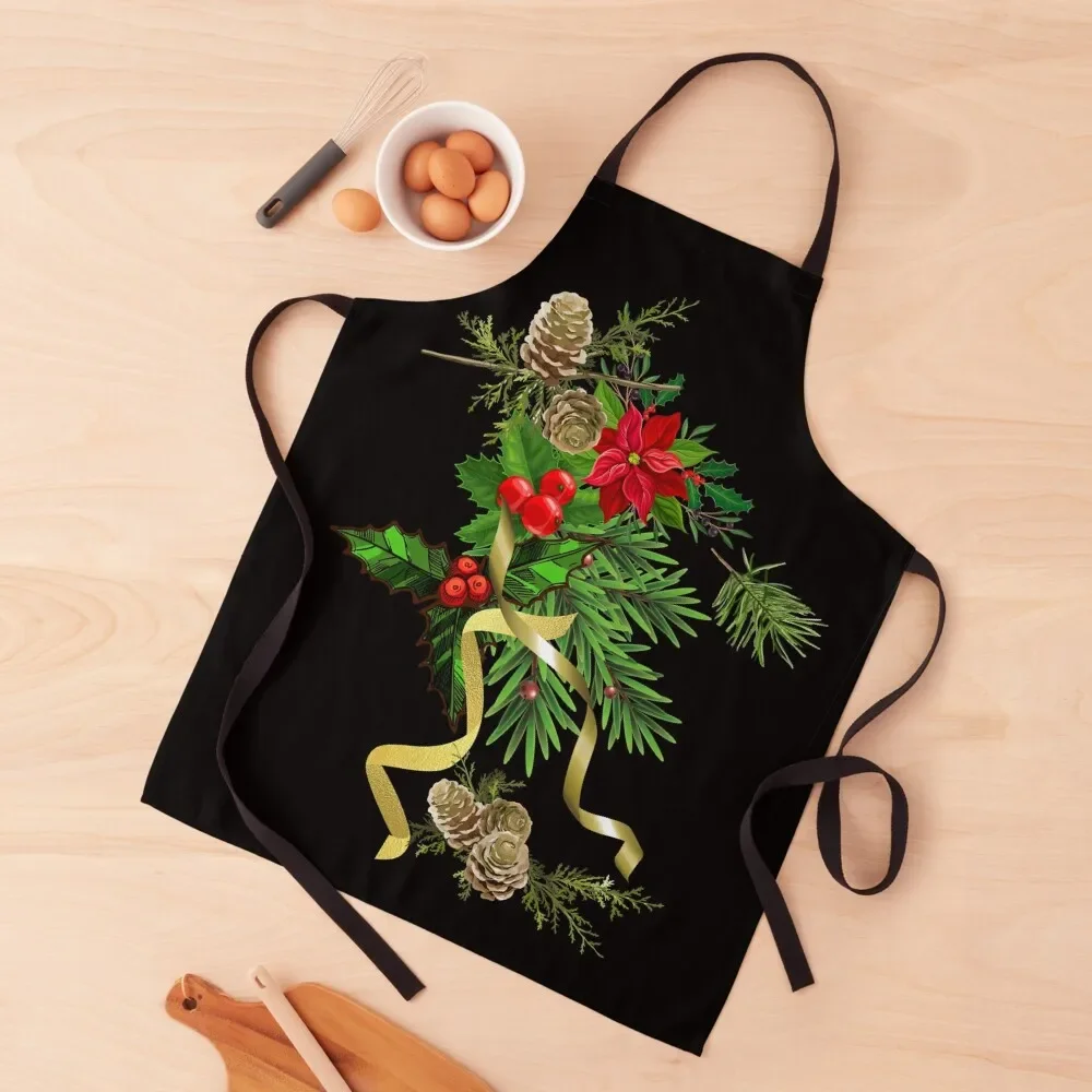 Christmas Mistletoe With Gold Ribbons & Pine Cones Design Apron Hairdressing Waterproof Apron