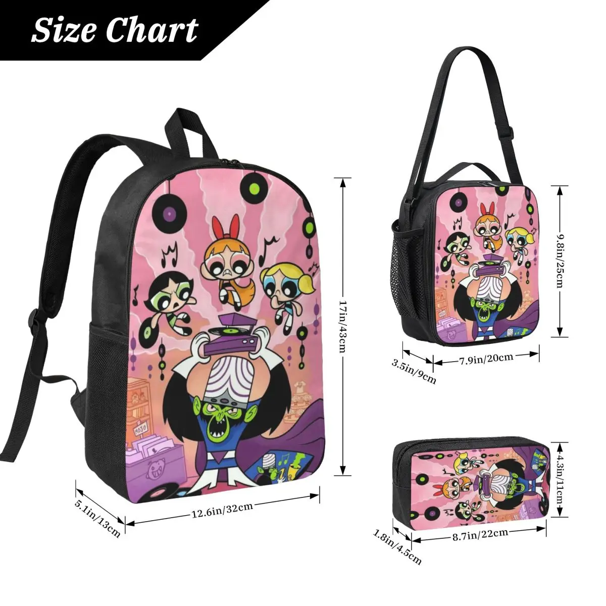 3-teiliges Powerpuff-Druck-Schultaschen-Set für Kinder, Bleistiftboxen, Rucksack-Sets mit Lunchbox für Schüler, Rucksack