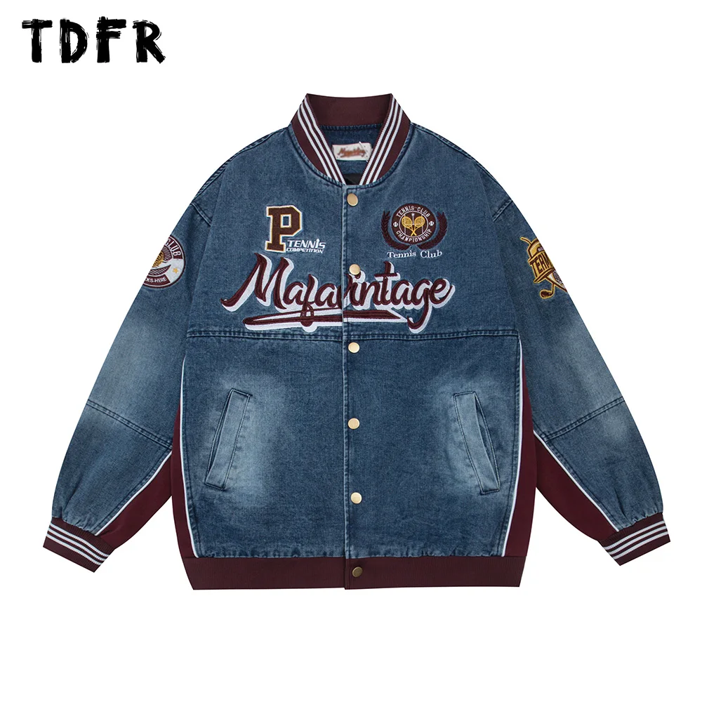 Contrast Paneled Denim Jacket Mens Letter Embroidery Retro Casual Spring Loose Lapel Long Sleeve Single Breasted Jeans Jacket