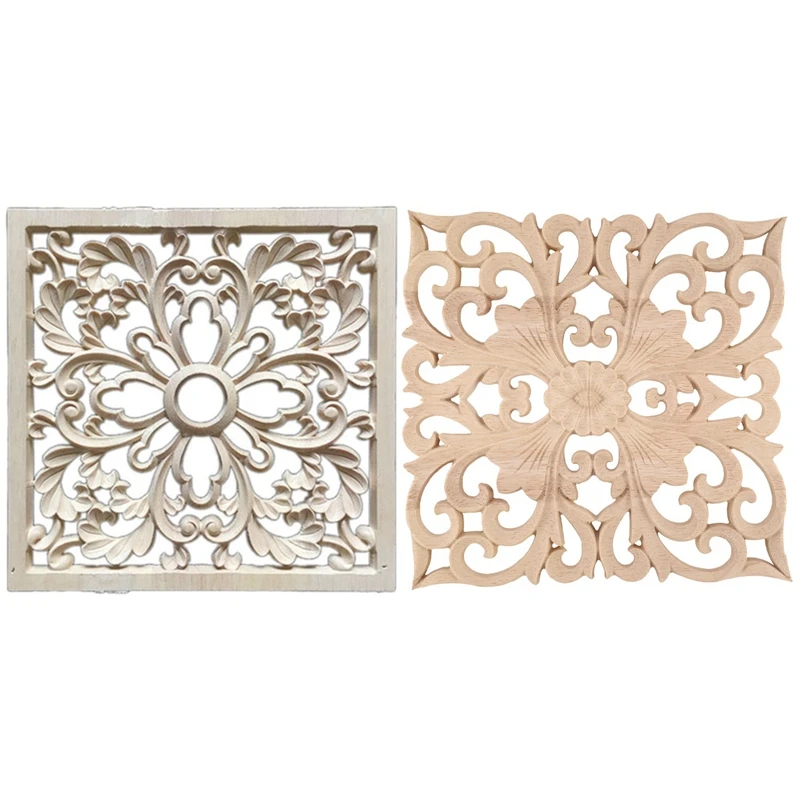 Madeira de borracha esculpida Floral Decal Craft, Real Wood Carving Acessórios e Retail Woodcarving, F 20x20cm, 1X Applique