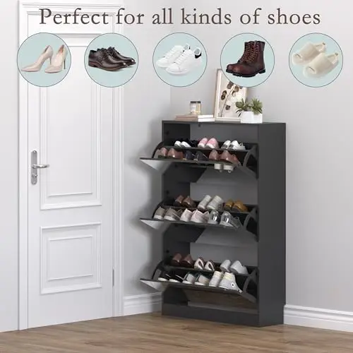 Shoe Cabinet with 3-Flip Mirror Drawers, Freestanding Shoe Rack Organizer with Hidden Handle, Slim Narrow Shoe Storage image 4