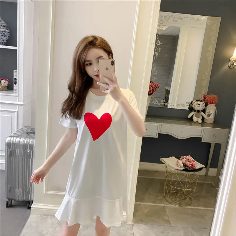 ขนาดบวกR Ufflesพิมพ์เกาหลีแขนสั้นเสื้อยืดชุดฤดูร้อนO-คอหลวมแฟชั่นMidiชุดลําลองวินเทจเสื้อผ้าผู้หญิง