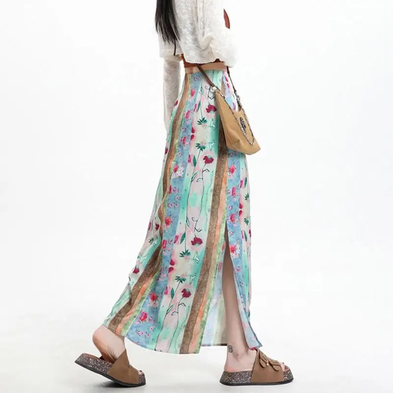 Vintage Printed Bohemian Long Skirts Women's Clothing High Waist Elastic Summer Stylish Split Contrasting Colors Folk Skirts New