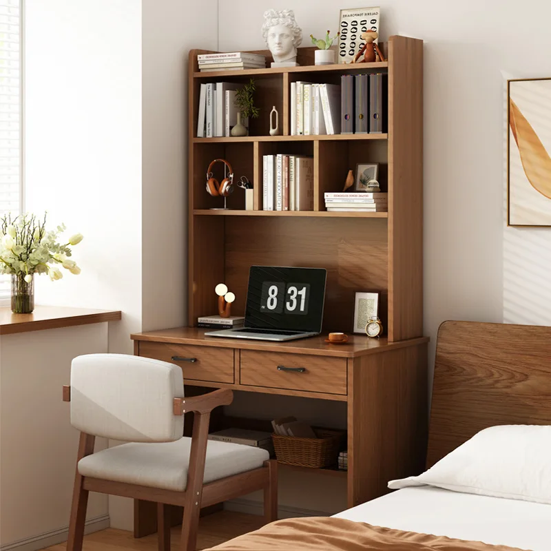 Solid wood desk bookshelf integrated table student home study writing table bedroom small apartment adult office computer desk