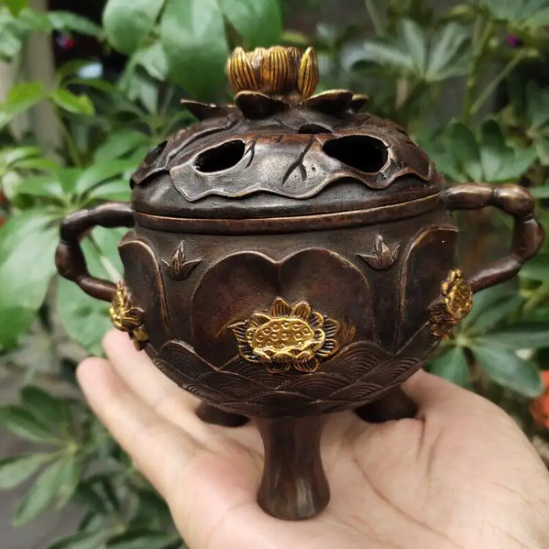 Antique Copper Collection Gilded Hollow out Three Legged Double Eared Lotus Incense Burner Home Desktop Craftsmanship Ornament