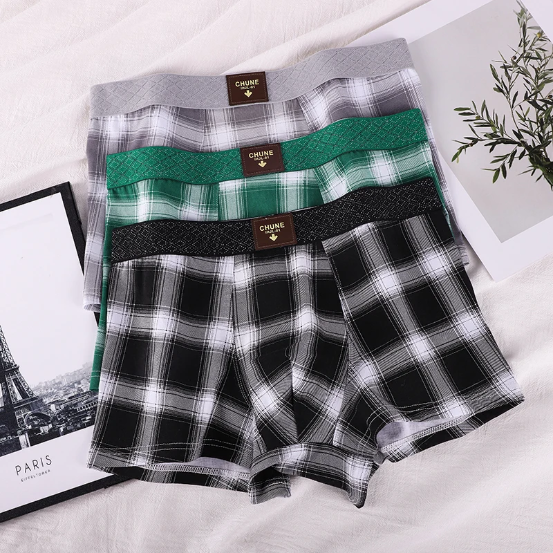 

Набор из 3 модных мужских трусов-боксеров в клетку, мягкие хлопковые комфортные эластичные трусы, классические ретро-шорты в клетку для мужчин