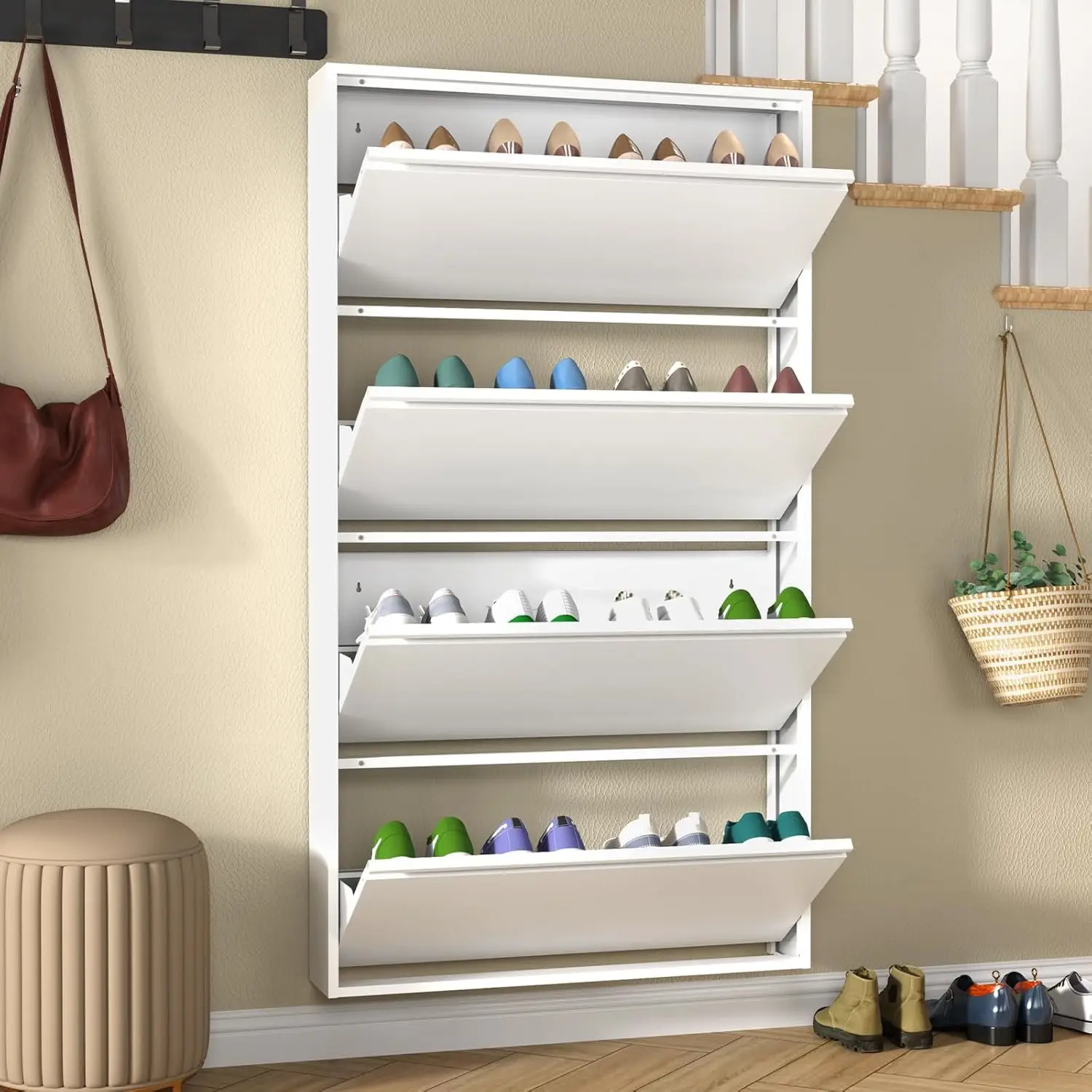 Metal Shoe Cabinet 4 Flip Drawers Slim Wall Mounted Storage Organizer Entryway Hallway White, Customized