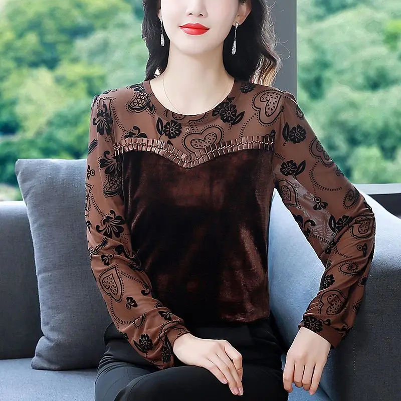Women Stylish Print Patchwork Vintage Gold Velvet Basic T-shirts Elegant Chic O Neck Long Sleeve Loose Pullover Tops Ropa Mujer