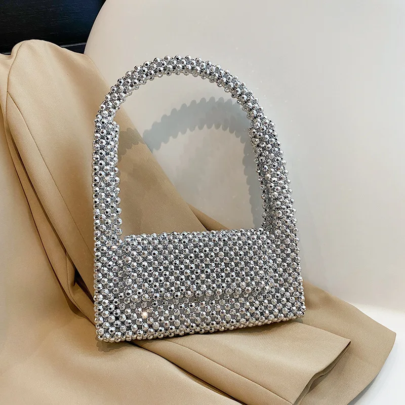 

Niche design handbag bag silver black imitation metal plating handmade glitter beaded bag is cool