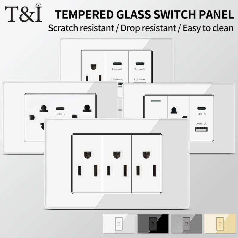 

T&I Glass Wall Switch with USB Type-C, US Standard 118 Electrical Power Outlet