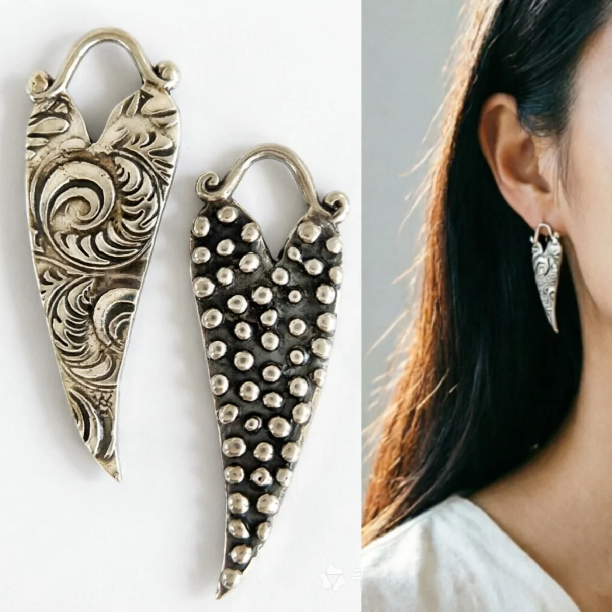 Ethnischer Stil, klassische, pflanzlich strukturierte Herz-Anhänger-Ohrringe für Damen, Vintage, zarte Festival- und Urlaubs-Feinschmuck-Accessoires