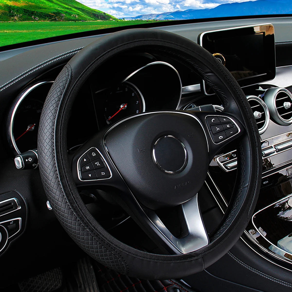 A leather embossed stereo massage car without inner ring steering wheel cover fits 37-38cm14.5-15 inch car upholstery - Image 3