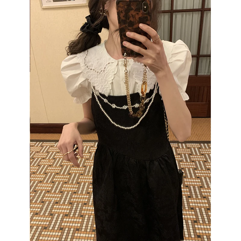 

Ретро-юбка с жемчужной вышивкой и бретелями, женская, приталенная, круглая, свободного кроя, в корейском стиле, из полиэстера...