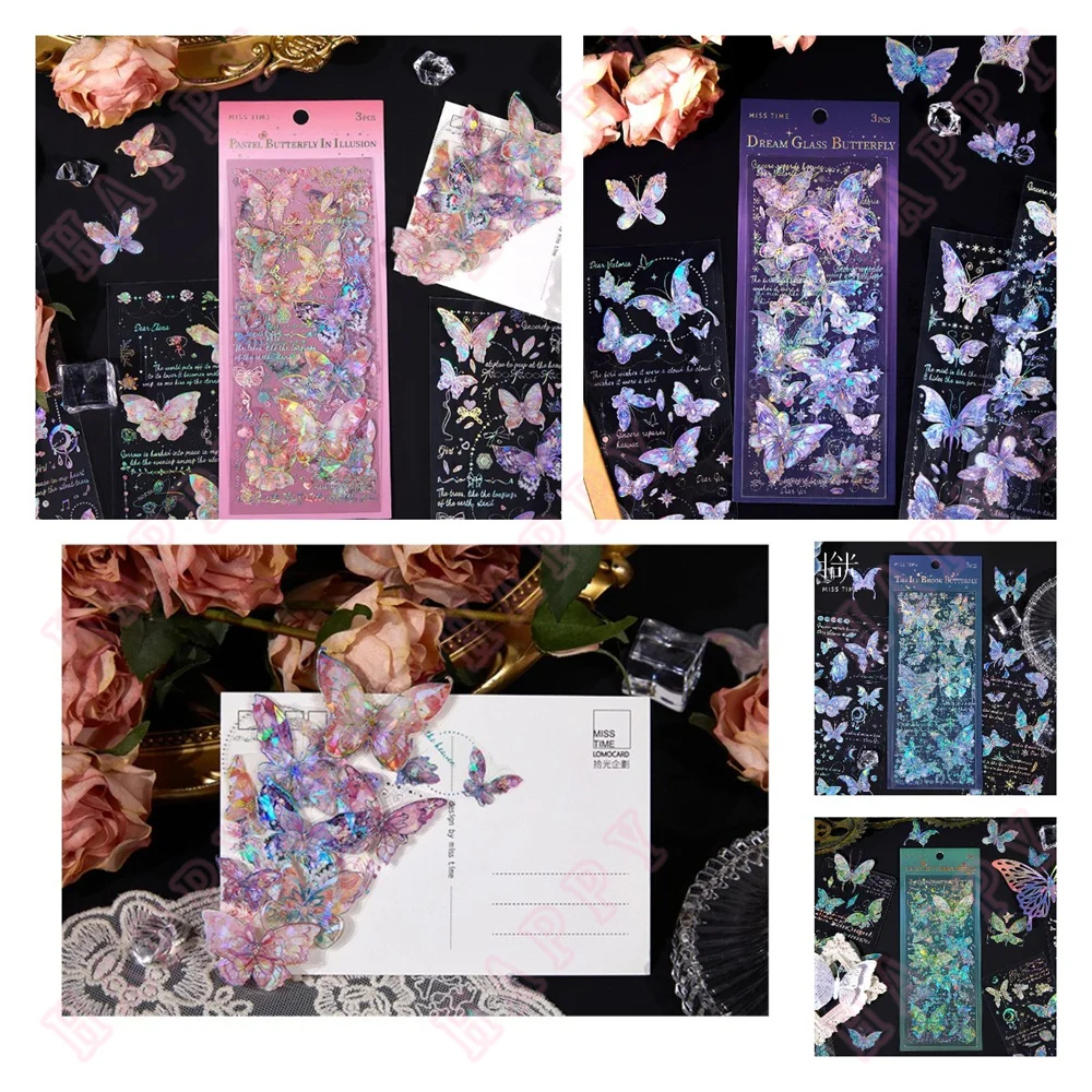 3pcs Vintage Plants Bronzing Sticker Literary Aesthetic Flower Hand Account Decoration Stationery Stickers Dream Crystal Butterf