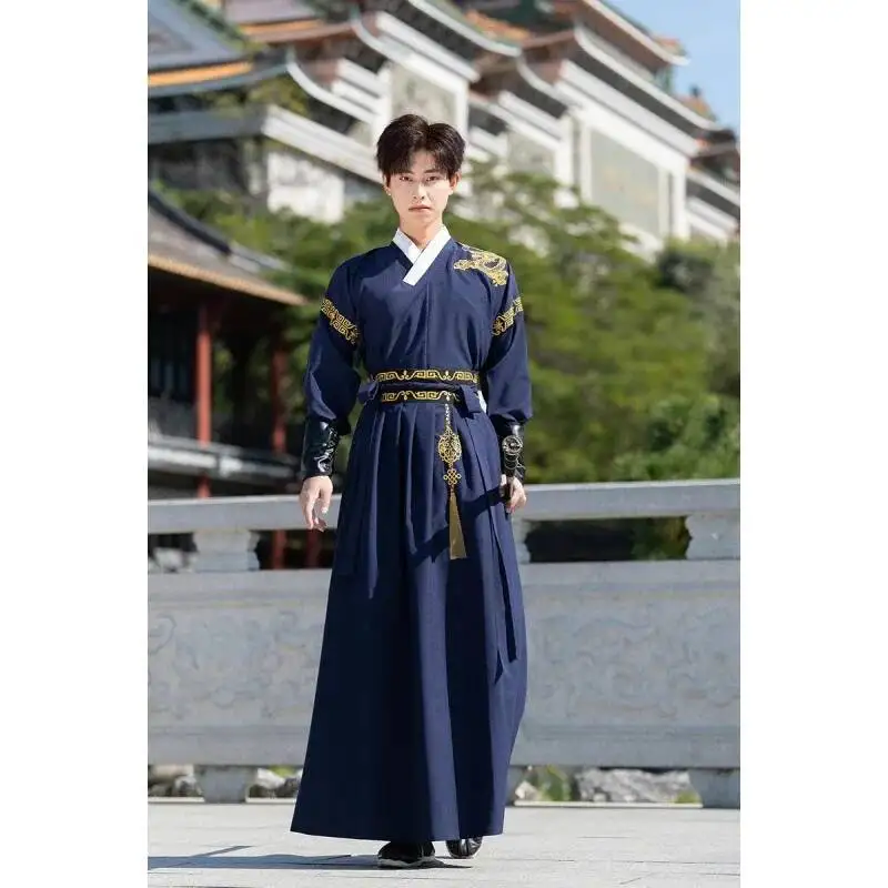 Chinese Traditional Hanfu Clothing for Men Ancient Swordsman Ethnic Blue Hanfu Outfit Han Dynasty Knight Performance Carnival view 4