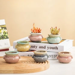 Creative Succulent Planters Succulent Pot,Ice Cracked Flow Glaze Ceramic Green Plant Pot Planter,Desk Decorate Small Ornament