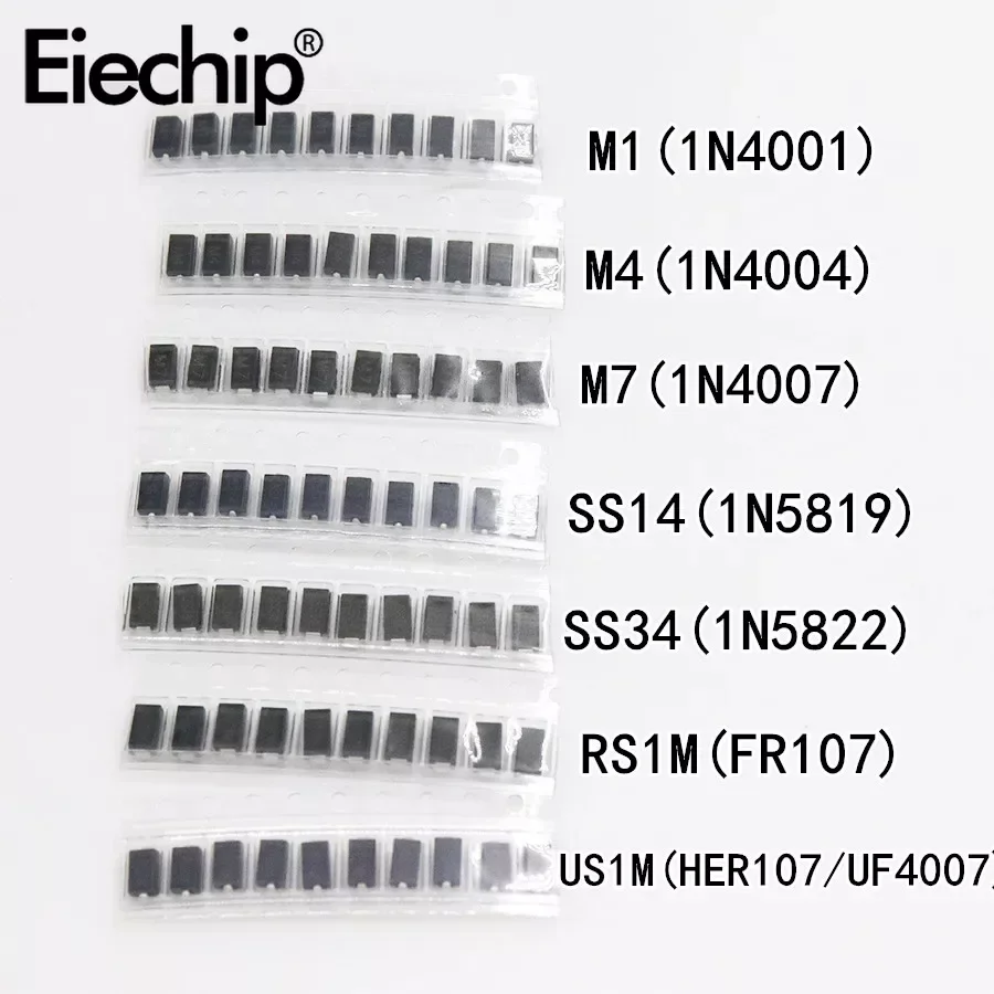 70/90PCS SMD diode 1N4001 1N4004 1N4007 SS14 SS34 SS16 SS36 Schottky diode kit, rectifier diode set M1 M4 M7 SS14 SS34 RS1M US1M