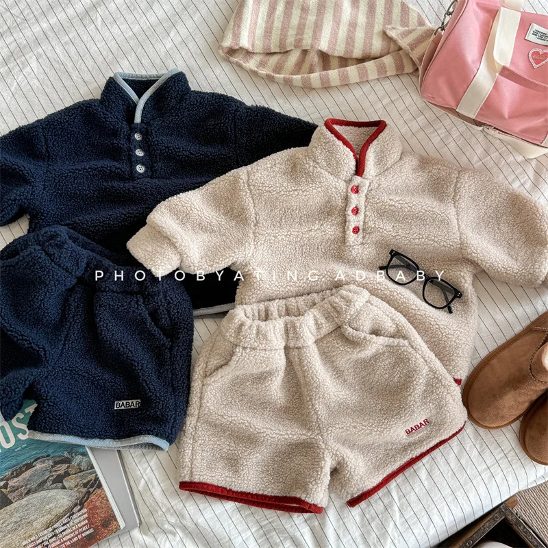 

2025 Winter New Children Warm Lamb Wool Clothes Set Baby Fleece Sweatshirt + Shorts 2pcs Suit Long Sleeve Toddler Girl Outfits