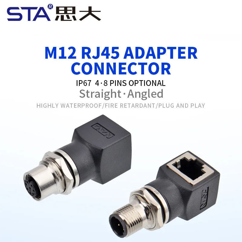 Industrial Ethernet M12 to RJ45 Connector Network Cable Adapter 4 Pin-D Code 8-pin X-Code Straight/Angled Male/female Socket