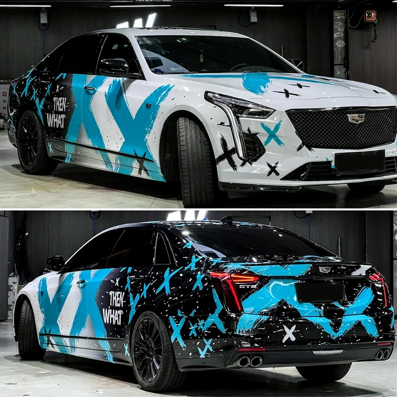Custom Design Color Change Full Vehicle Graphic Gloss 3ply Auto Car Vinyl Wrap White&Blue Color Cartoon Car Wrap Film