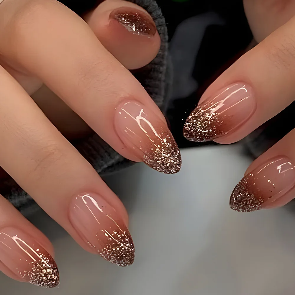 24pcs Glitter Gradient Almond Press on Nails Gold Foil False Nails French Tips Nails Art Autumn Wearable Manicure Nail for Girls