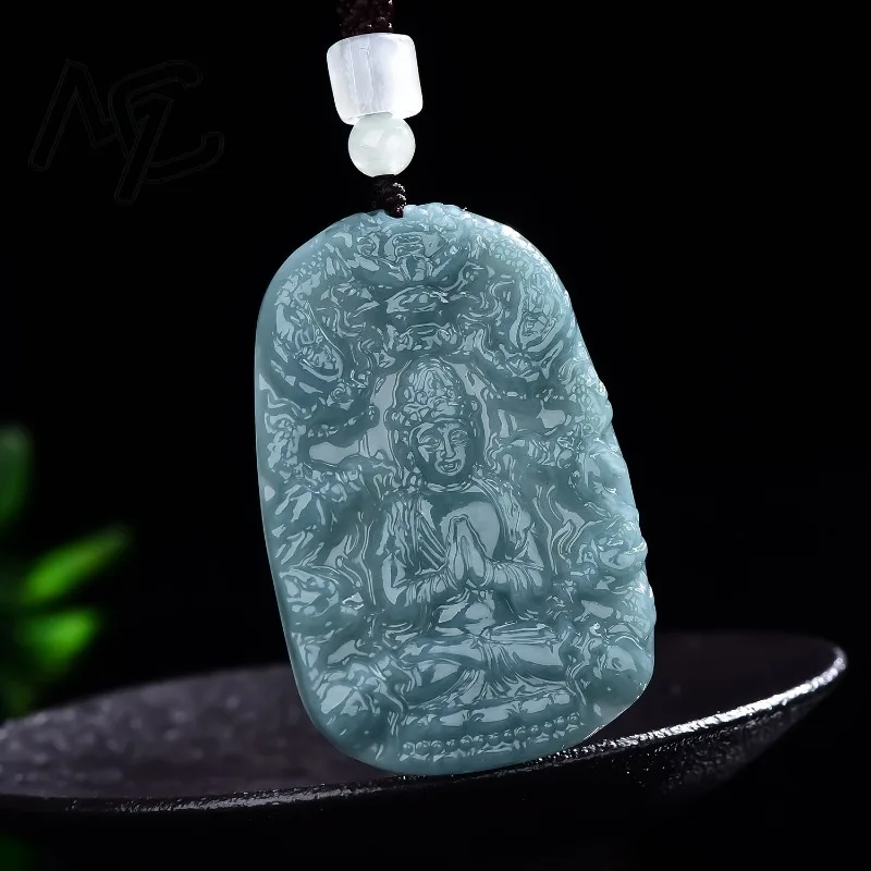 Real Natural Emerald Jade Blue Water Nine Dragons Guanyin Pendant Necklace Carved Charm Jadeite Jewelry Gifts Certificate view 3
