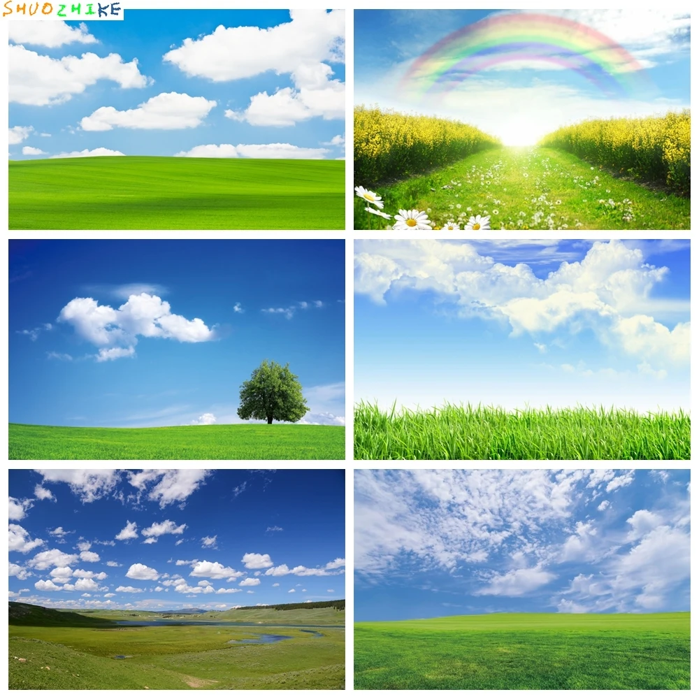 

Green Grass Lawn Blue Sky Cloudy Spring Natural Scenic Photography Backdrops Photo Backgrounds For Photo Studio