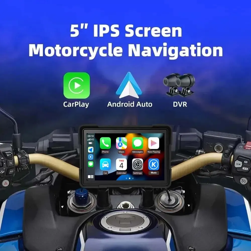 GcPaSr-Waterproof Motorcycle Dash Cam, Navegação GPS, CarPlay, Android Auto, IPS Smart Touch Screen, HD 1080P, 5 "Display