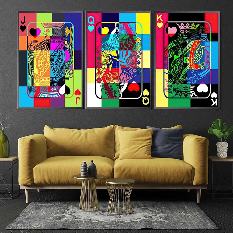 Poker Art Abstract King and Queen Canvas Painting Colorful Poker Poster Print Card Game Room Casino Wall Art Home Decor No Frame