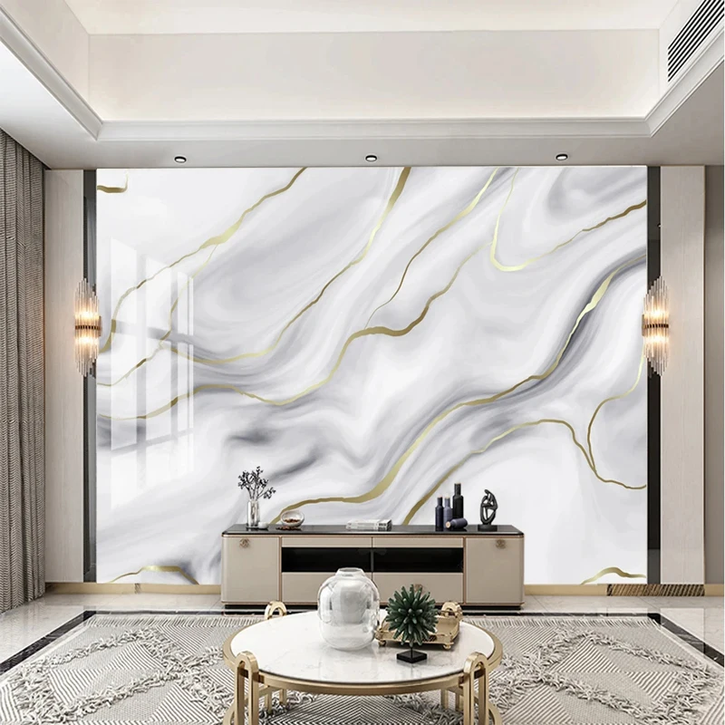 Custom Large Size Waterproof Silk Cloth White Golden Marble Pattern Mural Paper 3D Modern Bedroom Living Room TV Wall Decoration