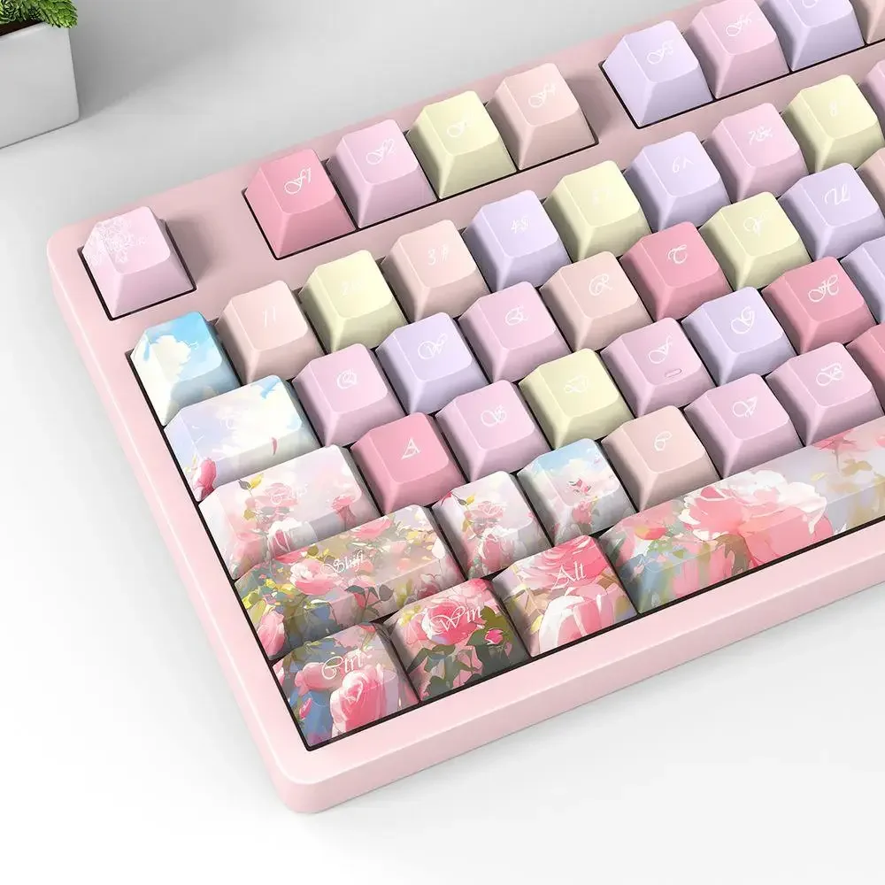 Colorful Rose Keycap Side Engraved Transparent Keycap Engraved Compatible 68/75/87/96/98/104/Mechanical Keyboard